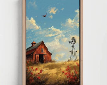 Red Barn Windmill Canvas Print – Rustic Farmhouse Wall Art