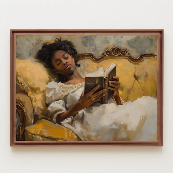 Girl Reading a Book Vintage Portrait Print, Extra Large Canvas, Vintage Oil Painting, African American Art, Black Art, Gift for Her