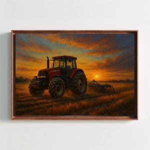 Red Tractor at Sunset in Rural Farm Field – Rustic Country Landscape Canvas Wall Art – Farming Painting for Modern Barn or Home Decor