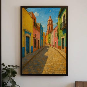 Guanajuato Colorful Street Scene Canvas | Vibrant Colonial City Wall Art | Rustic Mexico Travel Decor | Fiesta Architecture Painting
