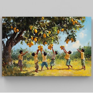 Op de afbeelding: Olieverfschilderij van kinderen die fruit plukken van een boom. De boom is beladen met gele vruchten en de kinderen dragen gele shirts en blauwe shorts. De scène speelt zich af in een zonnig veld met een blauwe lucht.