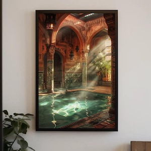 May include: A framed wall art print depicting an indoor pool area with arched stone columns, intricate tile work, and warm sunlight streaming through a window, casting bright reflections on the turquoise water and illuminating a potted plant.