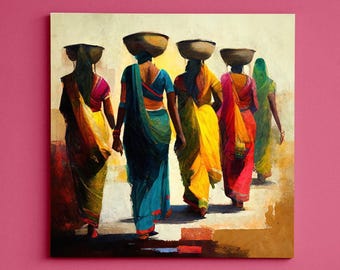 Indian Women Art Print, Colorful Sari, South Asian Home Decor