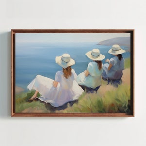 Three Girl Friends Enjoying the Ocean View of Summer Oil Painting - Woman Wall Art - Gift for Her - Girl Friend Gift - Girl Room Wall Decor