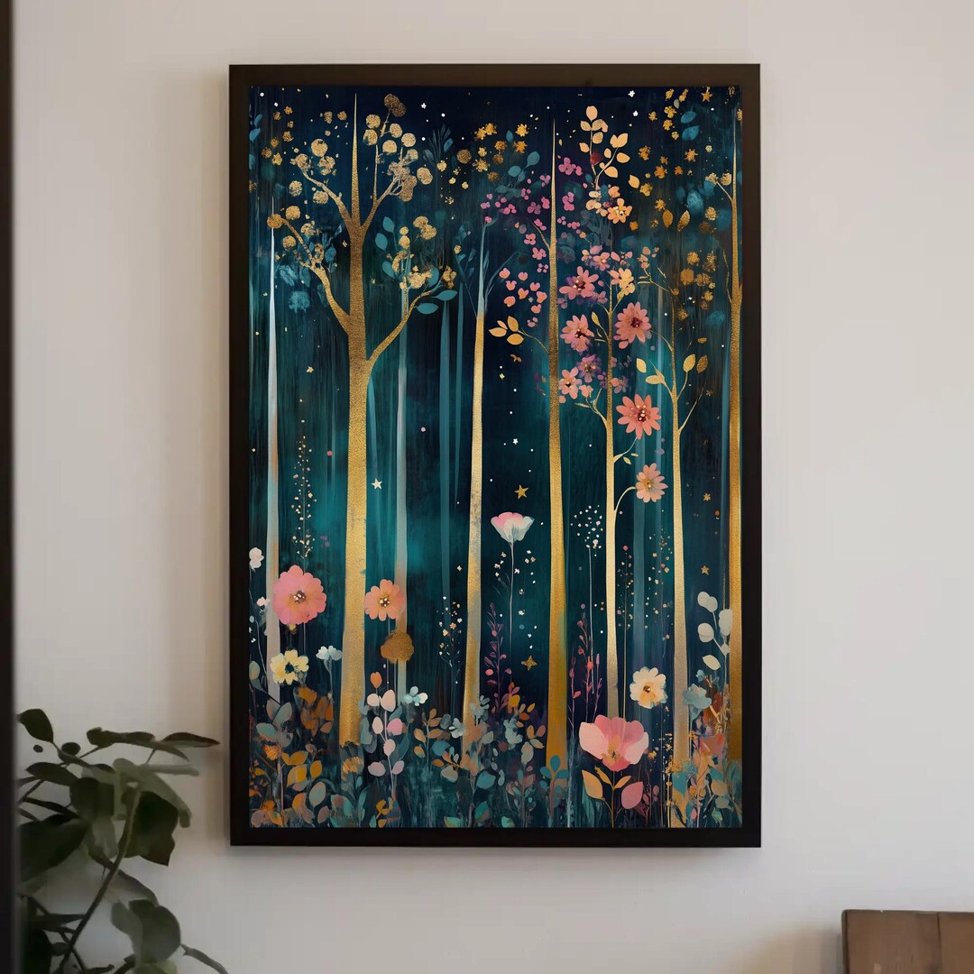 Golden Forest Canvas Print – Floral Night Sky Wall Art - Etsy