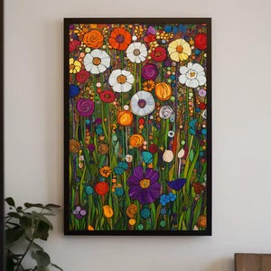 Garden Full of Flowers Canvas Print, Gustav Klimt-Inspired Floral Art, Vibrant Botanical Wall Decor, Artistic Nature Scene, Ready to Hang