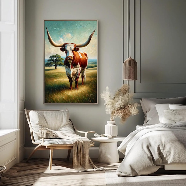 a painting of a cow in a bedroom