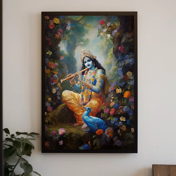 Lord Krishna Painting, Indian God Wall Art, Hindu God Framed Print, Indian Canvas Home Decor, Large Wall Decor, Ready To Hang, Indian Art