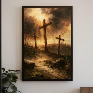 Three Crosses Calvary Oil Painting Canvas Print, Christian Wall Art