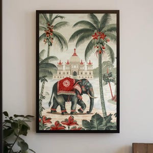 Indian Elephant Wall Art | Luxury Vintage Framed Canvas Painting | Exotic India Landscape Elephant Decor | Elegant Luxury Indian Painting