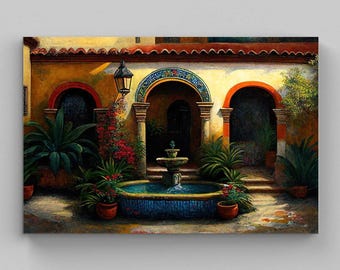 May include: A painting of a courtyard featuring a central blue stone fountain with tiered levels. The scene includes arched doorways with orange trim, a black wall-mounted lantern, and various potted plants including agave and red flowering shrubs.