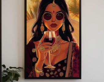 Puede incluir: Impresión artística enmarcada que presenta a una mujer con vestimenta india tradicional, con gafas de sol y sosteniendo una copa de vino tinto. La obra de arte muestra intrincadas joyas de oro y una rica paleta de colores burdeos, oro y negro.