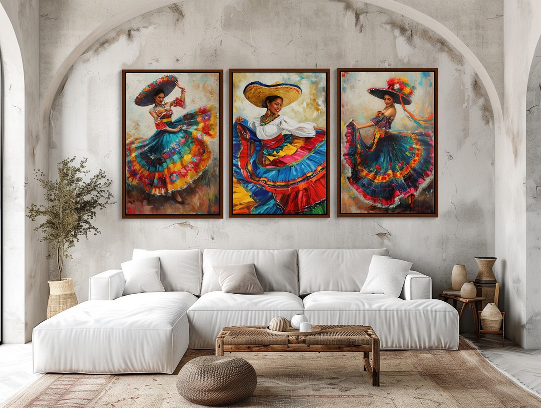 Mexican Women Folk Dance 3-piece Canvas Wall Art Set, Mexico Wall Art ...