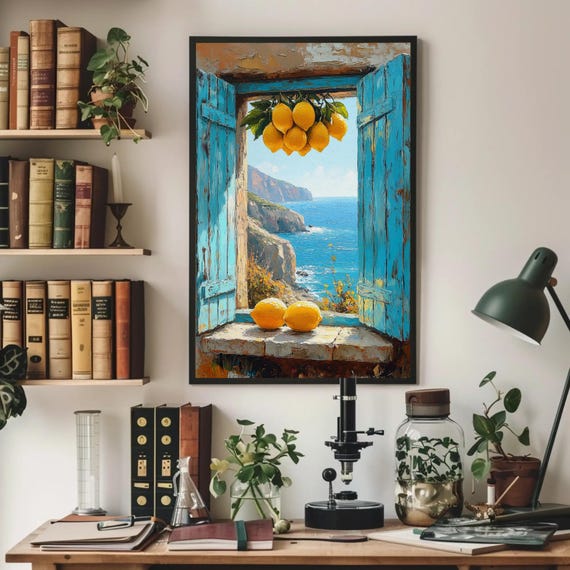 Italian Window Lemons Wall Art, Blue Shutter Canvas Print, Kitchen