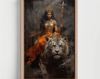 May include: A framed wall art print depicting a figure with long dark hair wearing a golden crown and orange robes, holding a tall spear while seated atop a large white tiger with black stripes against a dark, smoky, and textured background.