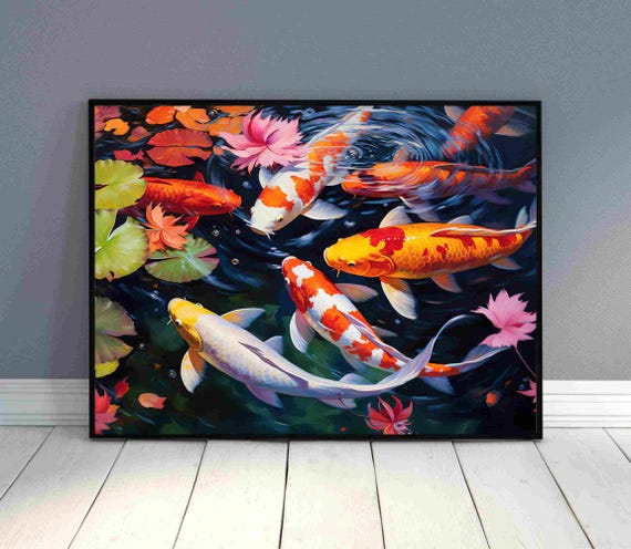 カラフルな鯉の池のキャンバス、大きな壁アート - Etsy 日本