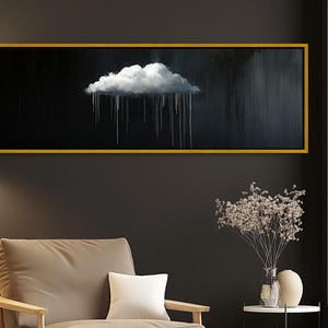 Minimalist Rain Cloud Print, Long Horizontal Extra Large Canvas Art, Black and White Modern Wall Decor for Moody Interiors
