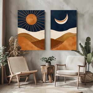 Boho Chic Sun and Moon Canvas Art Set of 2 - Abstract Mid-century ...