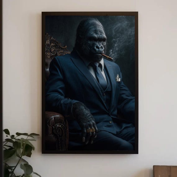 Gorilla in Suit Canvas Print, Extra Large Cigar Smoking Gorilla Wall Art,  Bold Animal Portrait for Man Cave, Office, Modern Masculine Decor