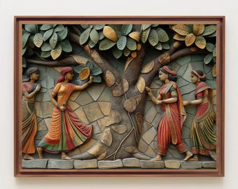 Puede incluir: Un cuadro rectangular con un relieve de cuatro figuras con vestimenta tradicional junto a un gran árbol de hojas verdes y amarillas. El fondo presenta un patrón de pared de piedra, todo dentro de un marco de color marrón.