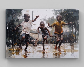 African Children Playing in Rain - Black Art - African Kids Playing - African Art - African Home Decor - African Wall Art - African Gift