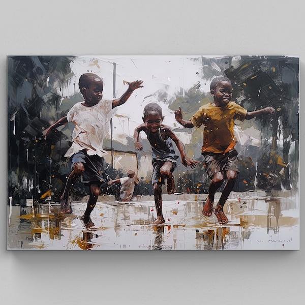 African Children Playing in Rain - Black Art - African Kids Playing - African Art - African Home Decor - African Wall Art - African Gift