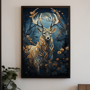 Golden Deer in Night Forest Canvas Painting - Stag Vertical Print - Wildlife Nature Art - Christmas Wall Decor