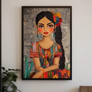 Mexican Girl Folk Art Style Canvas Print, Vibrant Modern Mexican Painting, Cultural Wall Art for Living Room or Restaurant Decor