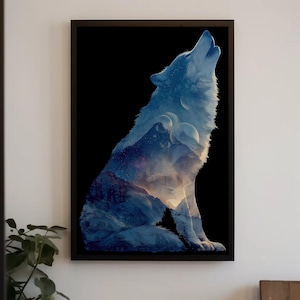 Celestial Wolf Canvas Art, Double Exposure Mountain Print, Mystical Night Sky Decor, Howling Wolf Silhouette, Spiritual Animal Gift