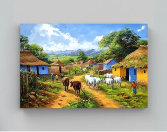 Indian Village Scenery Canvas Print, Rustic Landscape Wall Art