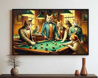 Cats Playing Pool Room Wall Art, Game Room Decor, Man Cave Wall Art, Funny Bar Large Canvas Painting, Cat Lovers Framed Print