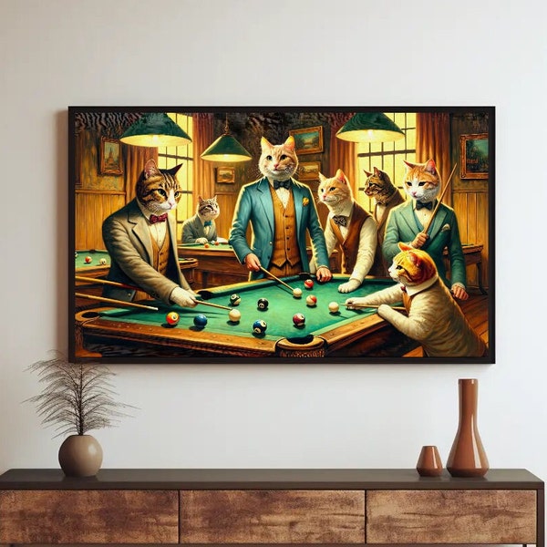 Cats Playing Pool Room Wall Art, Game Room Decor, Man Cave Wall Art, Funny Bar Large Canvas Painting, Cat Lovers Framed Print