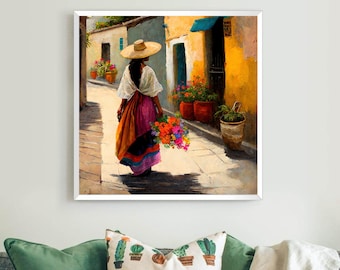 Mexican Village Canvas Art Print: Colorful Hacienda Home Decor
