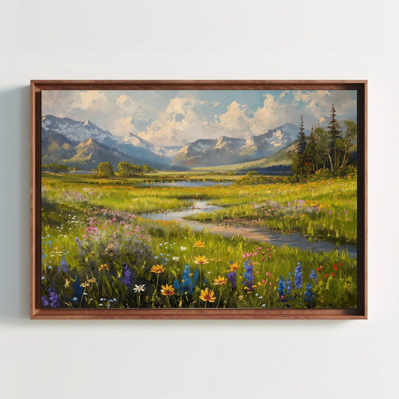 Vintage Meadow Landscape Canvas Print, Mountain River Art imagen 7