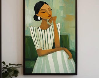 Black Woman Art | Abstract Portrait Canvas Print, Green Accents