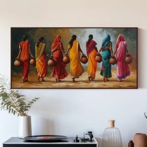 Indian Women Canvas Print, Traditional Clay Pots, Housewarming Gift
