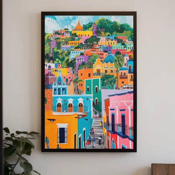 Guanajuato Mexico Canvas Art, Colorful Cityscape, Framed Vertical