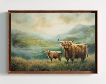 Highland Cow Family Canvas Print - Rustic Farmhouse Wall Art