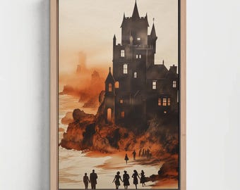 Impressão em tela de pôr do sol com castelo costeiro | Arte de parede medieval abstrata