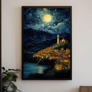 Italian Town Night Painting, Modern Art, Italian Amalfi Coast Poster, Italy Extra-large Canvas Wall Art, Italy Decor, Positano Italy