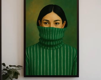 Emerald Green Woman Portrait | Chic Turtleneck Fashion Canvas Print