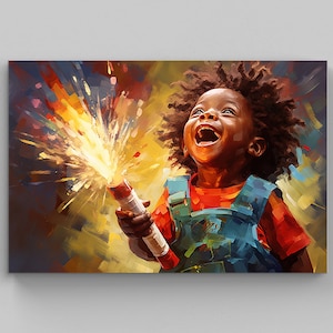 Cute and Happy African Kid playing with fireworks, Black Art, African Art, African American Home Decor, African Wall Art, African Gift