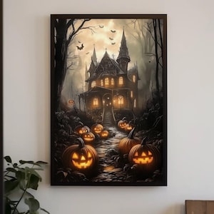 a painting of a house with pumpkins in front of it