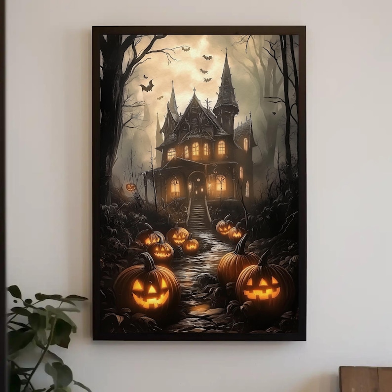 a painting of a house with pumpkins in front of it