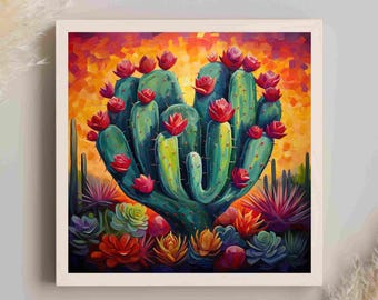 Mexican Heart Cactus Canvas Print, Folk Art Painting