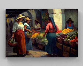 May include: A canvas print depicting a bustling outdoor market scene with four individuals wearing wide-brimmed hats and long skirts, interacting with various stalls filled with colorful fresh produce including tomatoes, lemons, and leafy greens.