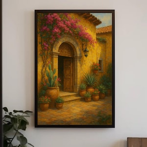 Mexican Hacienda Entrance Wall Art | Colorful Courtyard Canvas Print | Rustic Mexico Villa Decor | Cactus Garden Oil Painting