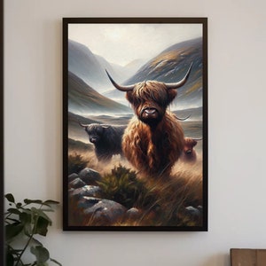 Mist and Majesty: Highland Cattle Framed Canvas, Poster Art, Rustic Farmhouse Decor, Scottish Highland Cow Wall Art, Cozy Country Home Decor