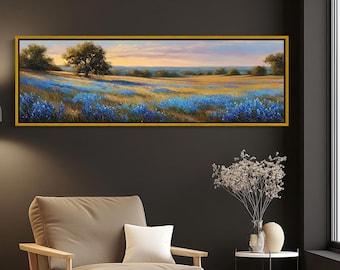 Texas Bluebonnet Sunset Canvas Print – Panoramic Farmhouse Wall Art