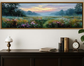 Wildflower Meadow Canvas Print, Panoramic Landscape, Farmhouse Decor